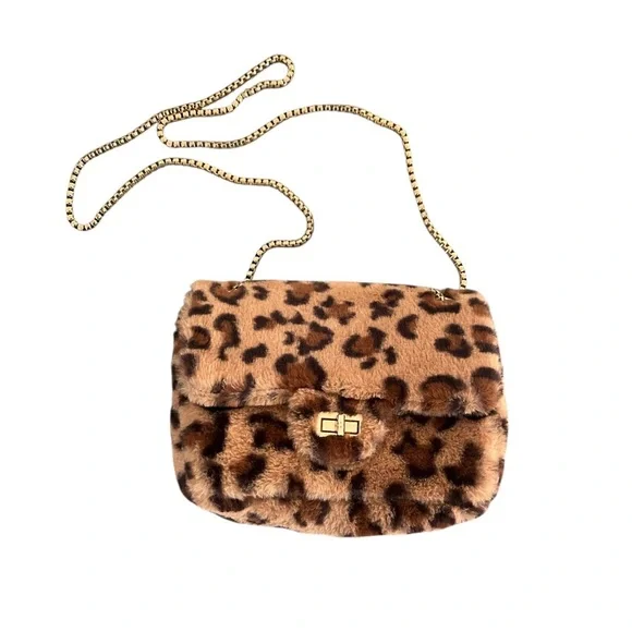 Faux Fur Leopard Print Bag Purse Gold Chain Link Strap Twist Lock Pocketbook - Picture 1 of 9